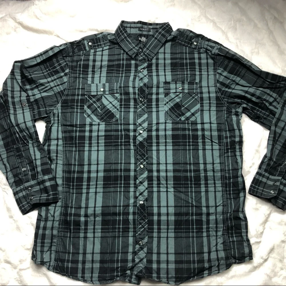 Black Brand Slim Fit Green & Black Plaid Oxford size XXL - Picture 3 of 13